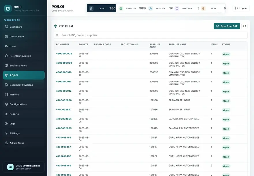 QIMS PO and LOI list with sync from SAP and a table of purchase orders